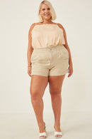 HY6150W BEIGE Plus Washed Contrast Stitch Colored Denim Paperbag Shorts Full Body