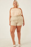 HY6150W BEIGE Plus Washed Contrast Stitch Colored Denim Paperbag Shorts Full Body