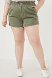 HY6150W OLIVE Plus Washed Contrast Stitch Colored Denim Paperbag Shorts Front