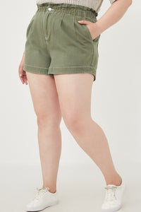 HY6150W OLIVE Plus Washed Contrast Stitch Colored Denim Paperbag Shorts Side