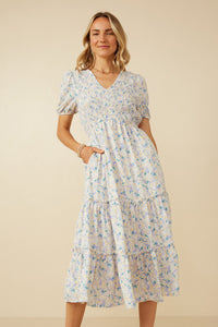 Womens Soft Floral V Neck Smocked Dress Front