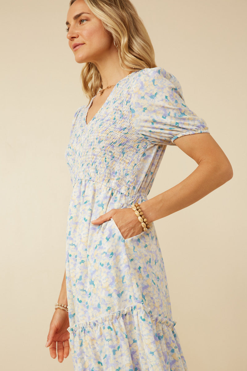 Womens Soft Floral V Neck Smocked Dress