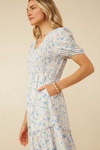 Womens Soft Floral V Neck Smocked Dress Side
