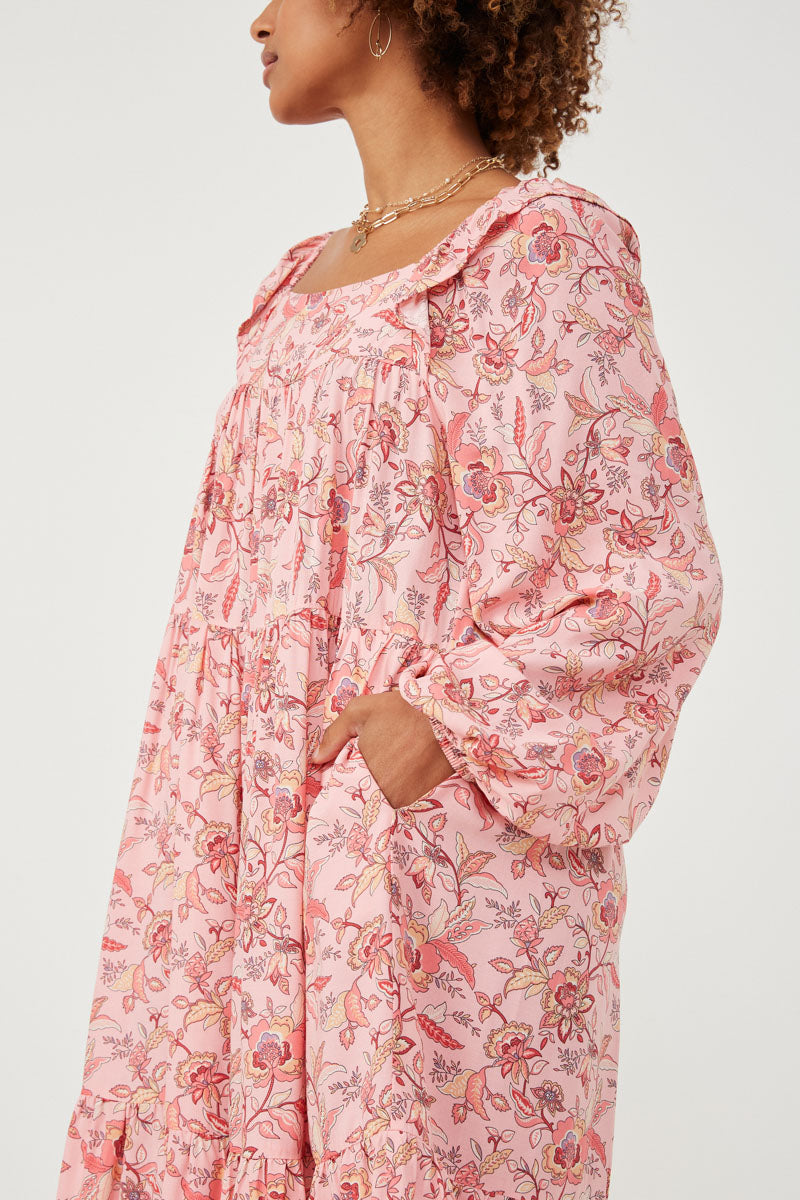 Womens Border Print Long Sleeve Ruffle Shoulder Dress