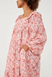 HY6252 PINK Womens Border Print Long Sleeve Ruffle Shoulder Dress Detail