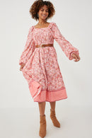 HY6252 PINK Womens Border Print Long Sleeve Ruffle Shoulder Dress Front