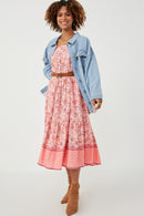 HY6252 PINK Womens Border Print Long Sleeve Ruffle Shoulder Dress Side