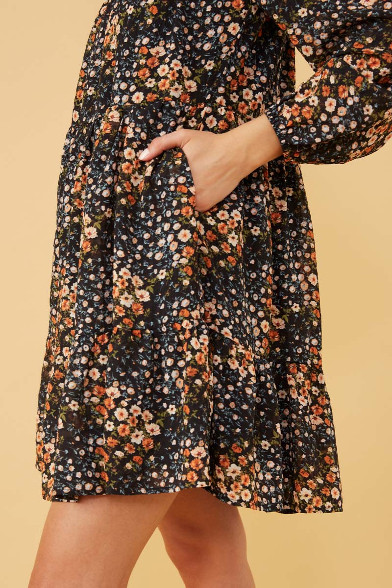HY6338 Black Womens Floral Print Ruffle Shoulder Long Sleeve Dress Detail