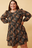 HY6338W Black Plus Floral Print Ruffle Shoulder Long Sleeve Dress Front