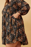 HY6338W Black Plus Floral Print Ruffle Shoulder Long Sleeve Dress Detail
