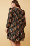 HY6338W Black Plus Floral Print Ruffle Shoulder Long Sleeve Dress Back