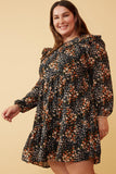 HY6338W Black Plus Floral Print Ruffle Shoulder Long Sleeve Dress Side