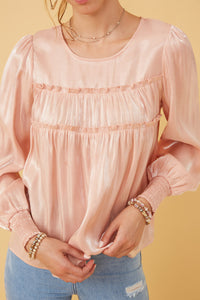 HY6372 BLUSH Womens Iridescent Ruffled Smock Cuff Top Detail