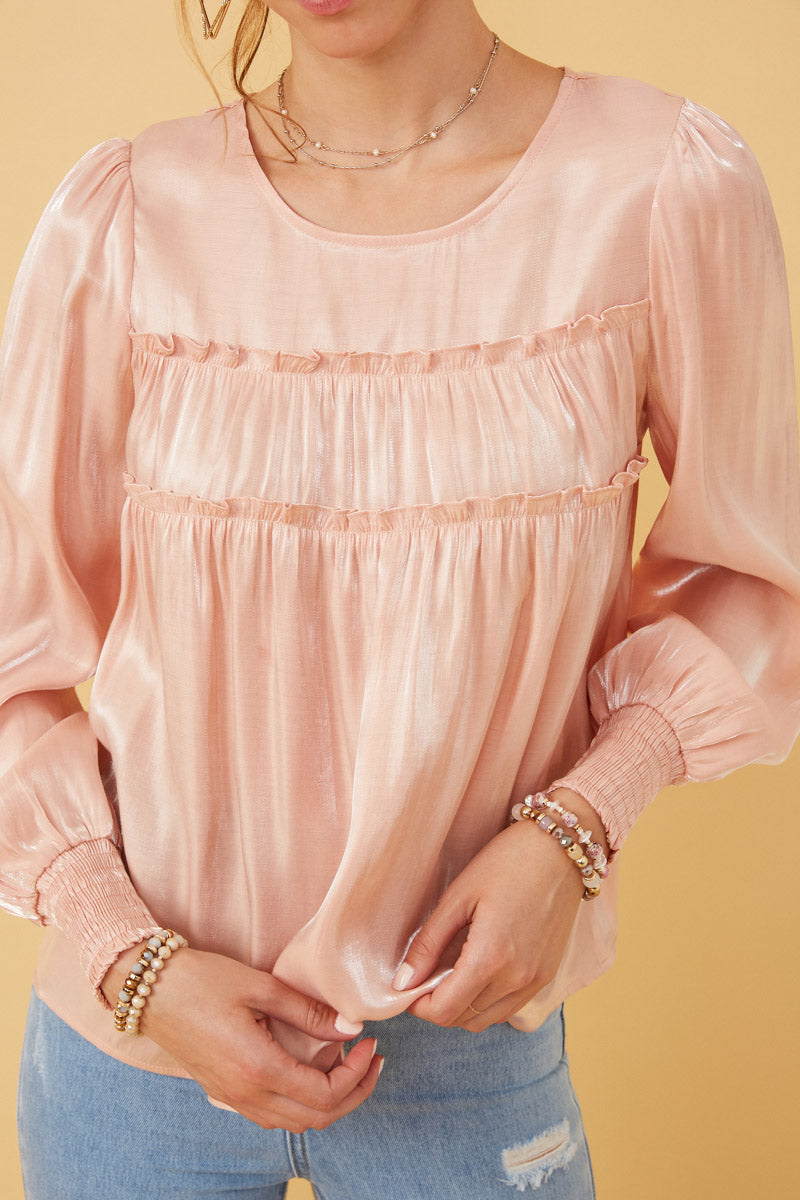 Iridescent Ruffled Smock Cuff Top