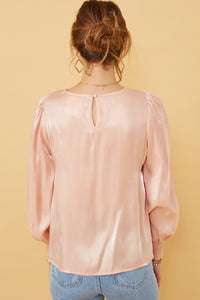 HY6372 BLUSH Womens Iridescent Ruffled Smock Cuff Top Back