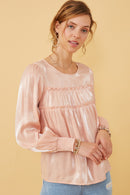 HY6372 BLUSH Womens Iridescent Ruffled Smock Cuff Top Front 2