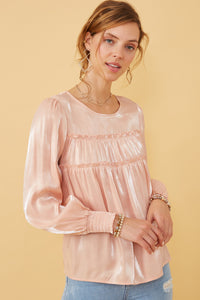 HY6372 BLUSH Womens Iridescent Ruffled Smock Cuff Top Front 2