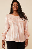 HY6372W BLUSH Plus Iridescent Ruffled Smock Cuff Top Front