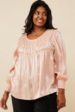 HY6372W BLUSH Plus Iridescent Ruffled Smock Cuff Top Front 2