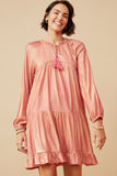 HY6375 PINK Womens Textured Iridescent Glow Tasseled Long Sleeve Dress Front
