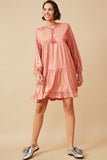 HY6375 PINK Womens Textured Iridescent Glow Tasseled Long Sleeve Dress Full Body