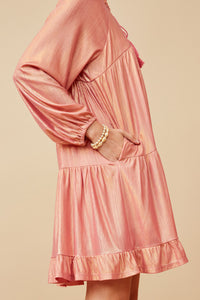 HY6375 PINK Womens Textured Iridescent Glow Tasseled Long Sleeve Dress Side