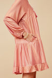 HY6375 PINK Womens Textured Iridescent Glow Tasseled Long Sleeve Dress Side