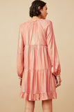 HY6375 PINK Womens Textured Iridescent Glow Tasseled Long Sleeve Dress Back
