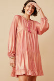HY6375 PINK Womens Textured Iridescent Glow Tasseled Long Sleeve Dress Front 2