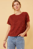 HY6390 MARSALA Womens Textured Stringy Short Sleeve Top Front