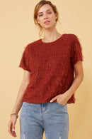 HY6390 MARSALA Womens Textured Stringy Short Sleeve Top Front