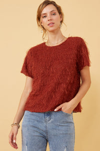 HY6390 MARSALA Womens Textured Stringy Short Sleeve Top Front