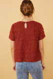 HY6390 MARSALA Womens Textured Stringy Short Sleeve Top Back