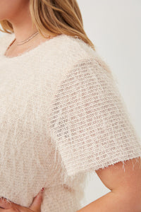HY6390W CREAM Plus Textured Stringy Short Sleeve Top Detail