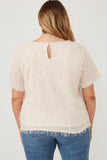 HY6390W CREAM Plus Textured Stringy Short Sleeve Top Back