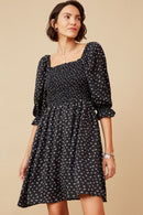 HY6509 Black Womens Ditsy Floral Smocked Square Neck Dress Front