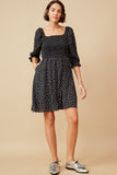 HY6509 Black Womens Ditsy Floral Smocked Square Neck Dress Full Body