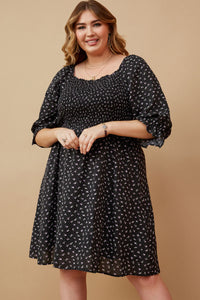 HY6509W Black Womens Ditsy Floral Smocked Square Neck Dress Pose