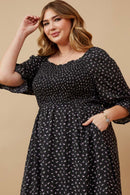 HY6509W Black Womens Ditsy Floral Smocked Square Neck Dress Alternate Angle