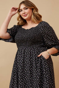 HY6509W Black Womens Ditsy Floral Smocked Square Neck Dress Alternate Angle