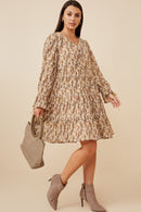 HY6527 Taupe Womens Textured Floral Print V Neck Tiered Dress Full Body