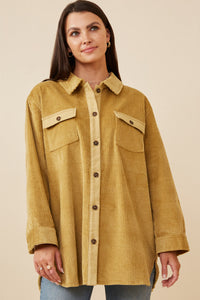 HY6553 Mustard Womens Contrast Paneled Corduroy Button Up Shacket Front