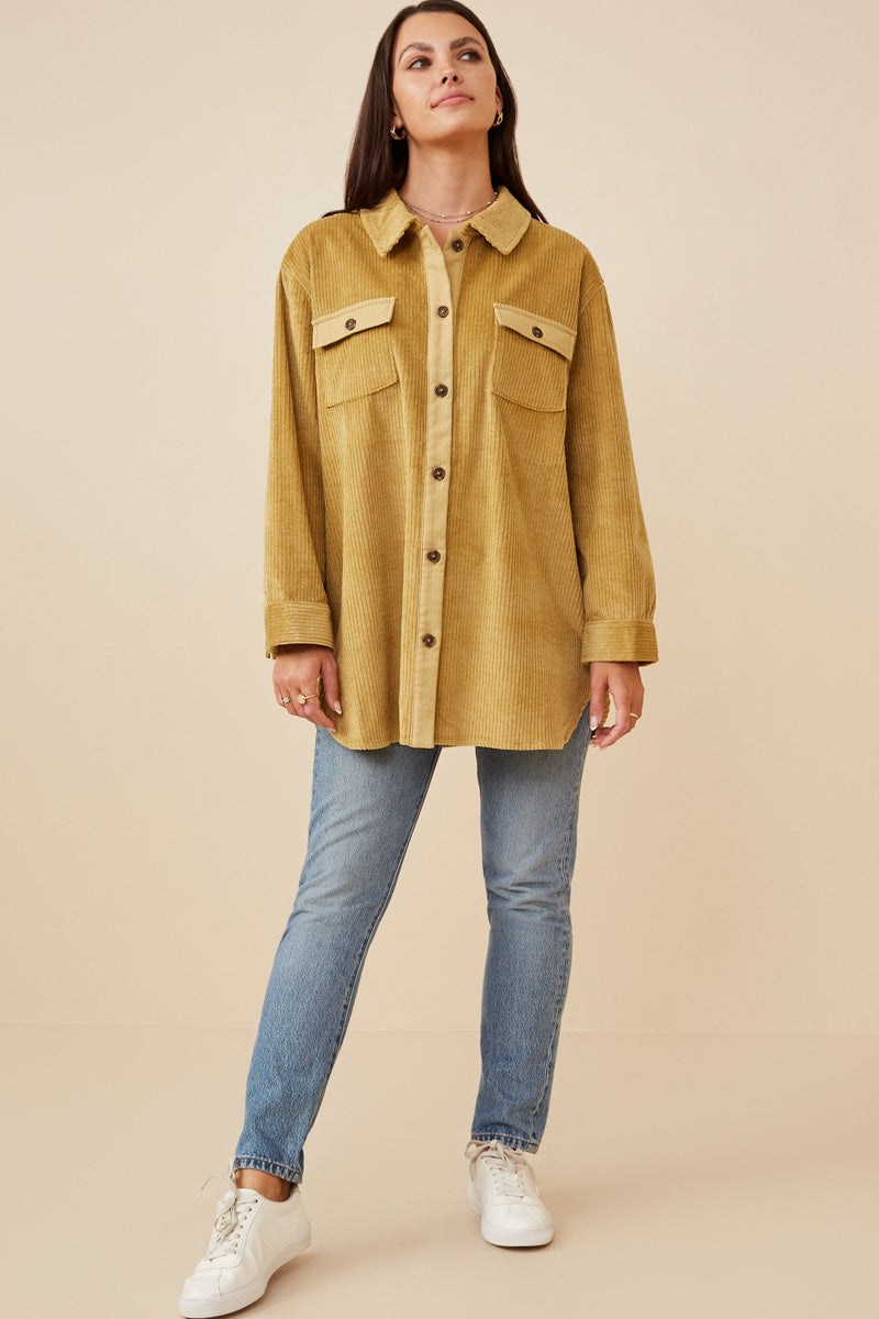 Womens Contrast Paneled Corduroy Button Up Shacket