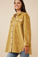 HY6553 Mustard Womens Contrast Paneled Corduroy Button Up Shacket Side