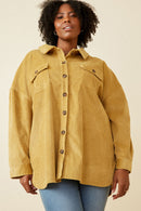 HY6553W Mustard Plus Contrast Paneled Corduroy Button Up Shacket Front