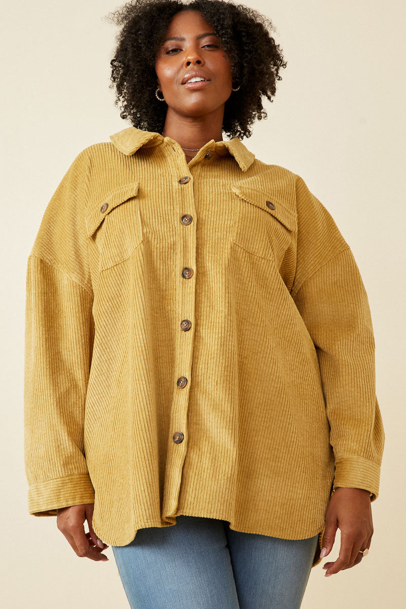 HY6553W Mustard Plus Contrast Paneled Corduroy Button Up Shacket Front
