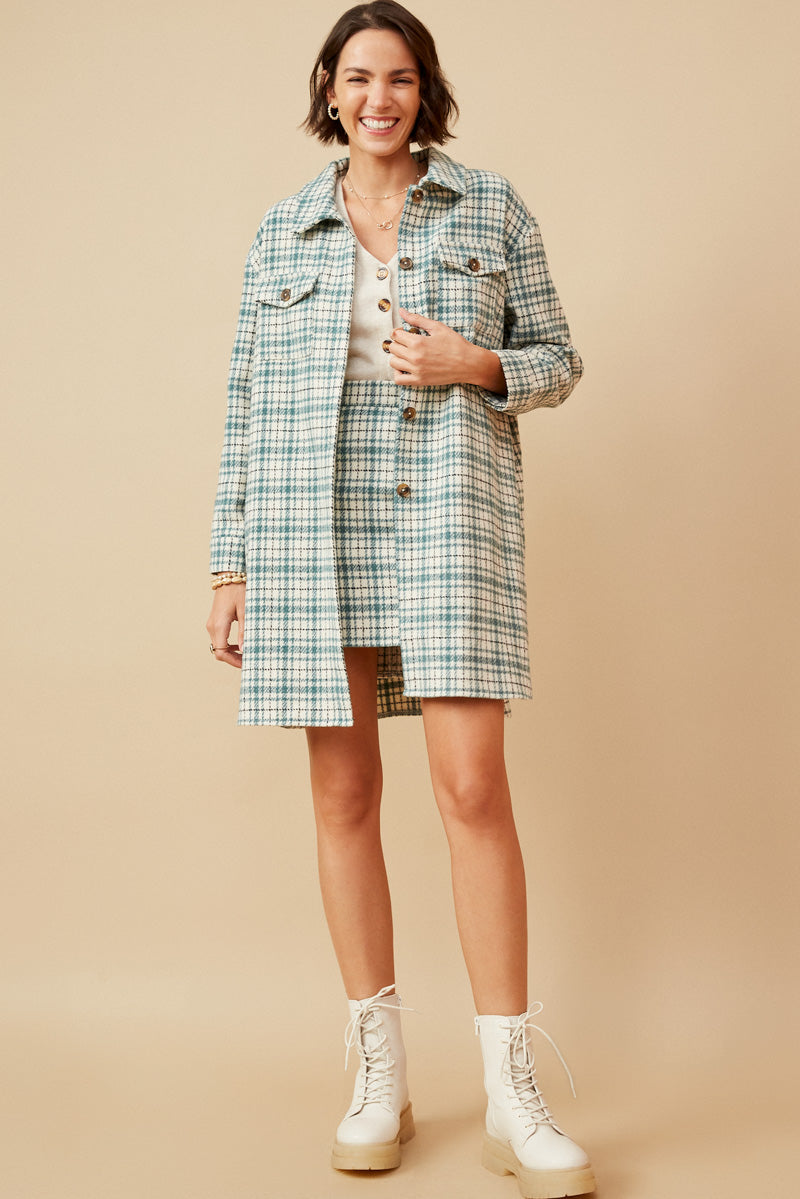 Front Pocket Long Line Flannel Shirt Jacket