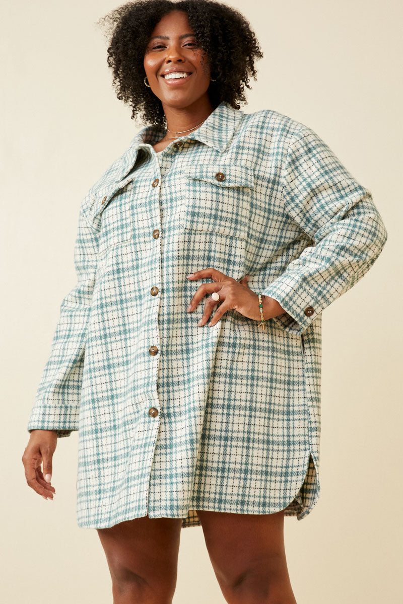 HY6594W MINT Plus Front Pocket Long Line Flannel Shirt Jacket Front