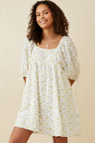 Womens Textured Ditsy Floral Square Neck Tie Sleeve Dress