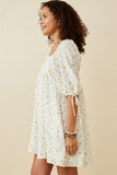 HY6604 YELLOW Womens Textured Ditsy Floral Square Neck Tie Sleeve Dress Side